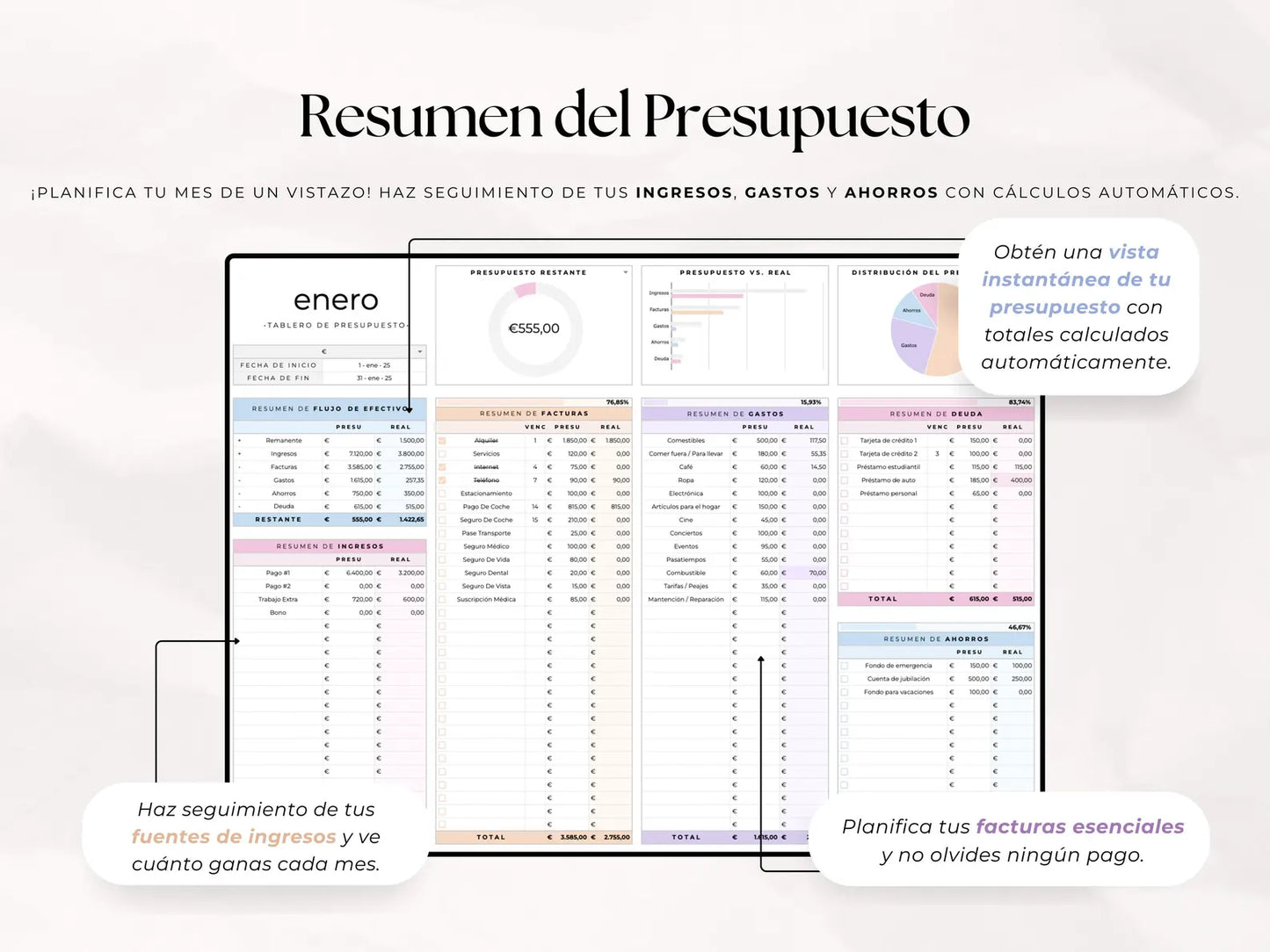 registros de gastos, ingresos y ahorro con graficos